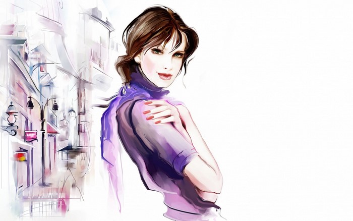 Woman in purple scarf in front of European street