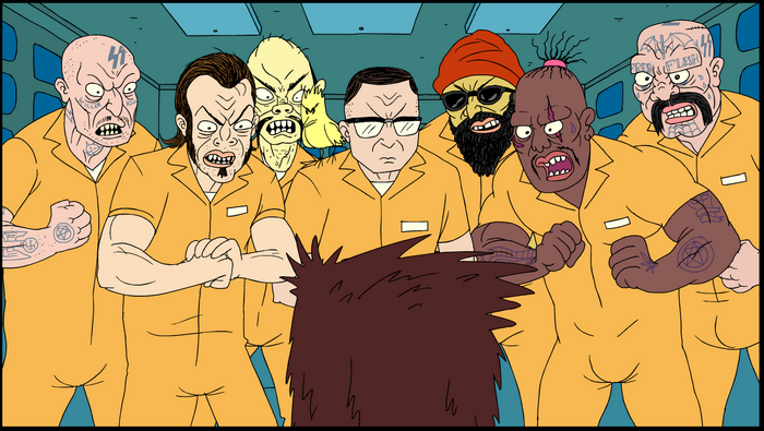 Superjail! screenshot of prisoners in orange jumpsuits