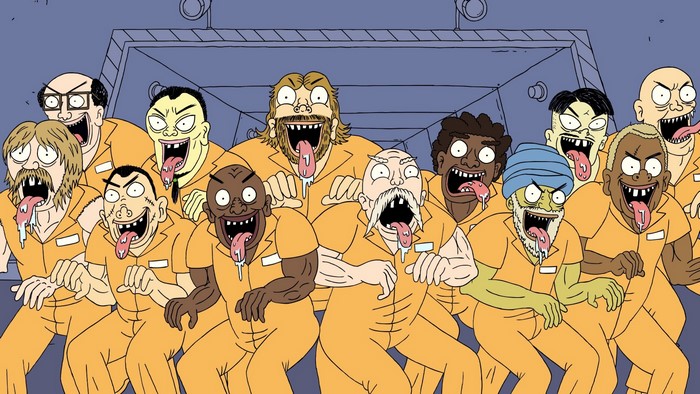 Group of cartoon prisoners with tongues hanging out