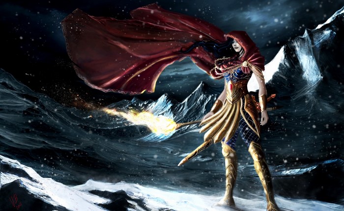 Fantasy woman with red cloak and magic staff in snowy mountains