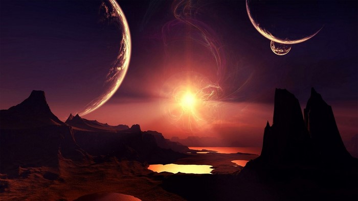 Alien planet landscape with multiple moons and a bright sun