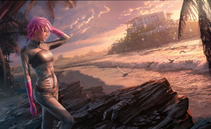 Woman in futuristic suit on rocky beach at sunset