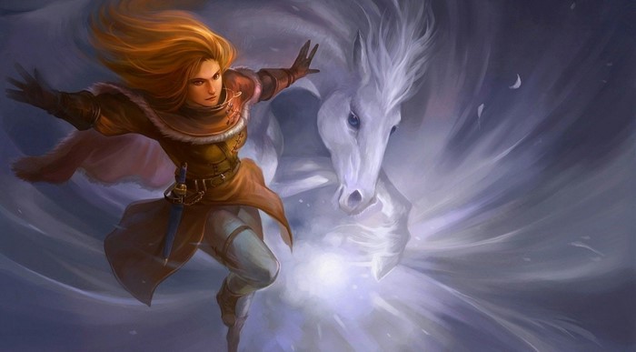 Woman warrior with a white horse in fantasy art