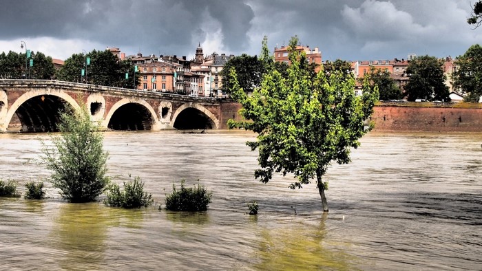 Pont Neuf bridge over the Garonne river in Toulouse during a flood