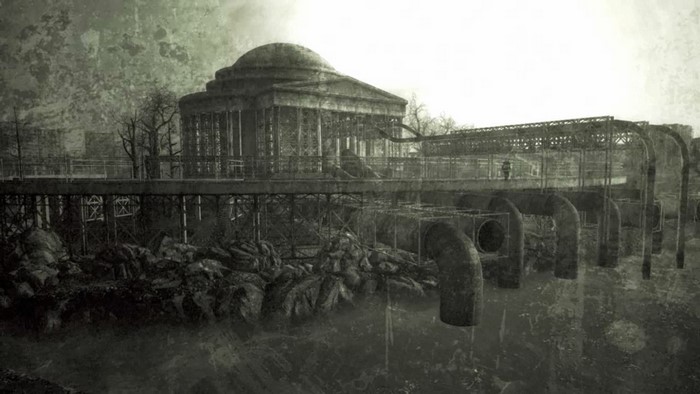 Ruined temple with large pipes in a monochrome setting