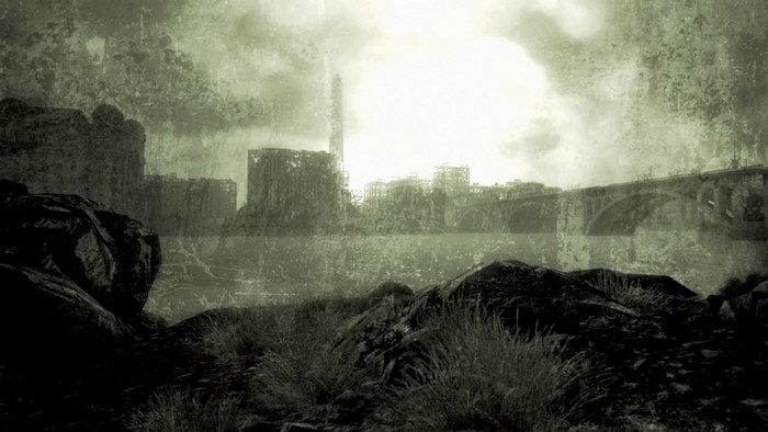 Ruined city skyline with bridge over water
