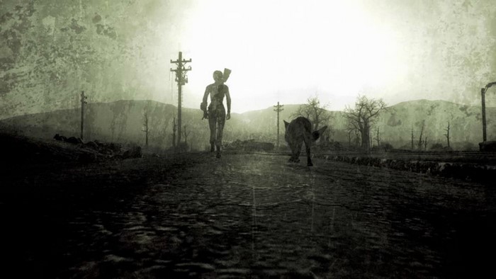 Character and dog walking on a road in Fallout 3