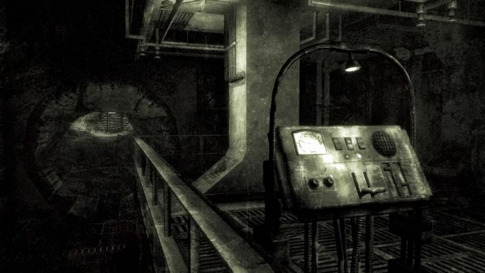 Fallout 3 screenshot of a control panel in a dark tunnel