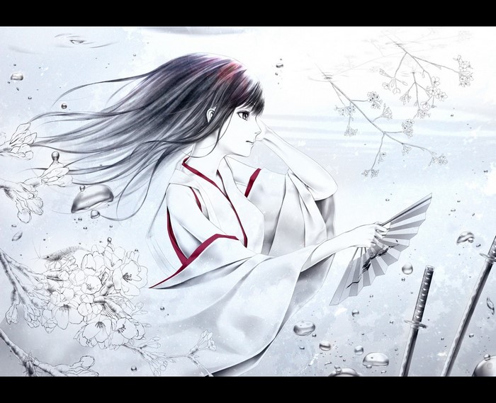 Anime girl in kimono with fan and swords