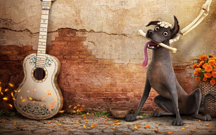 Dante the dog from Coco with a guitar