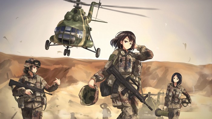 Anime soldiers with helicopter in desert