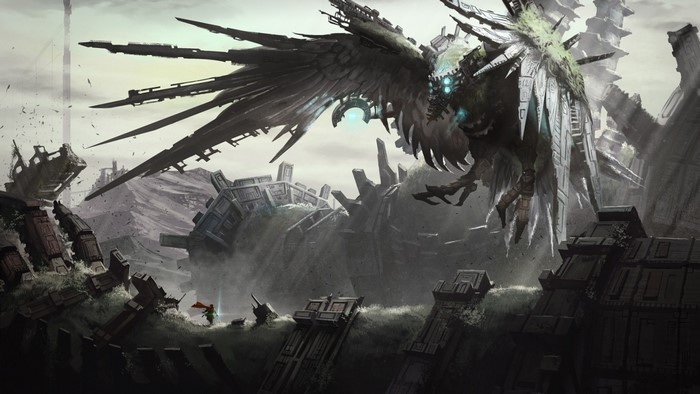 Giant mechanical bird over ruins