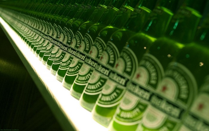 Heineken beer bottles on display