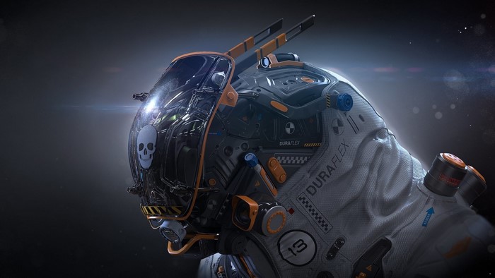 Futuristic astronaut with skull emblem