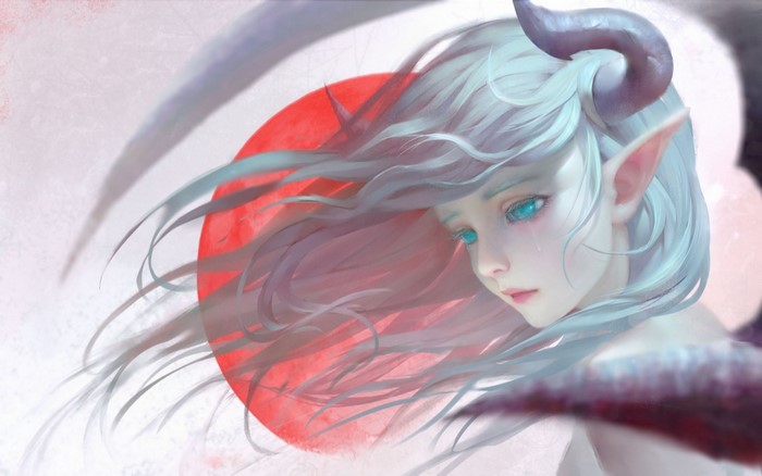 Fantasy girl with blue hair and horns crying