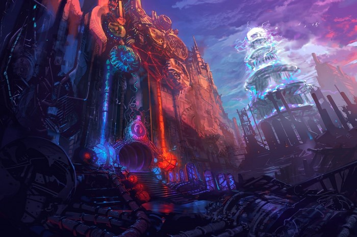 Steampunk fantasy art with glowing machinery