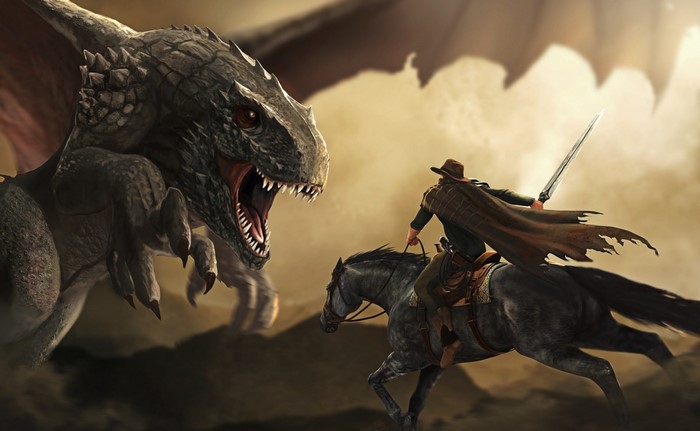 Dragon fighting a warrior on a horse