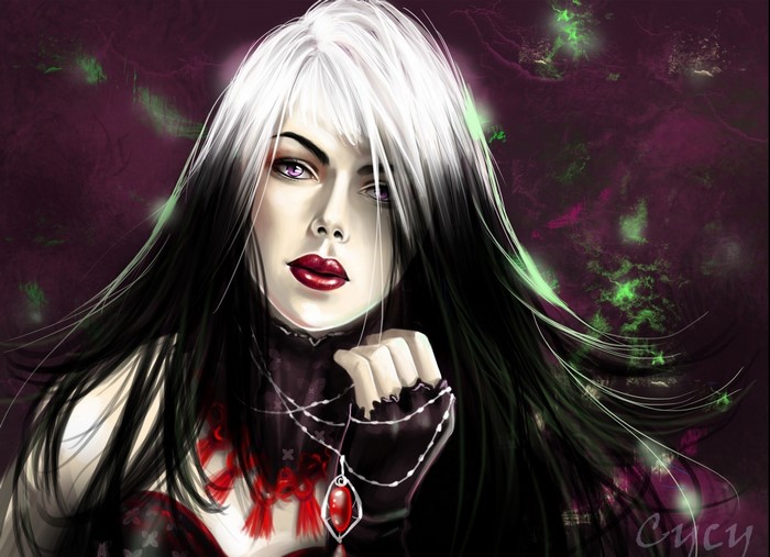 Gothic woman with black and white hair and red necklace