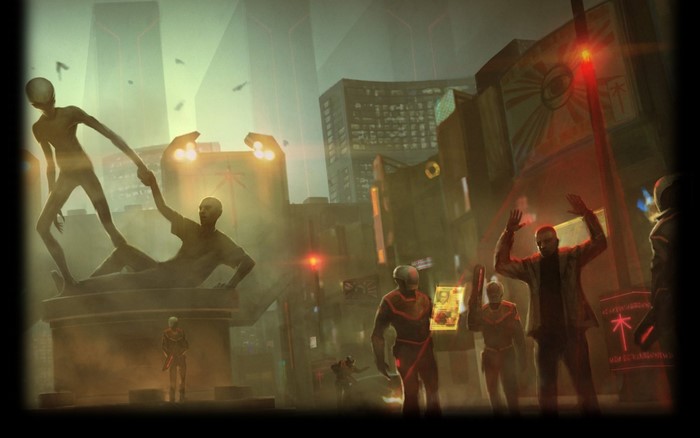 Aliens and humans in a futuristic city in XCOM 2