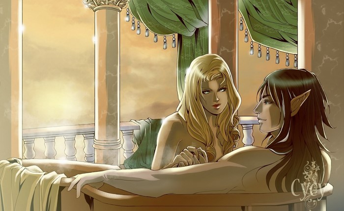 Fantasy art of a couple in a bathtub
