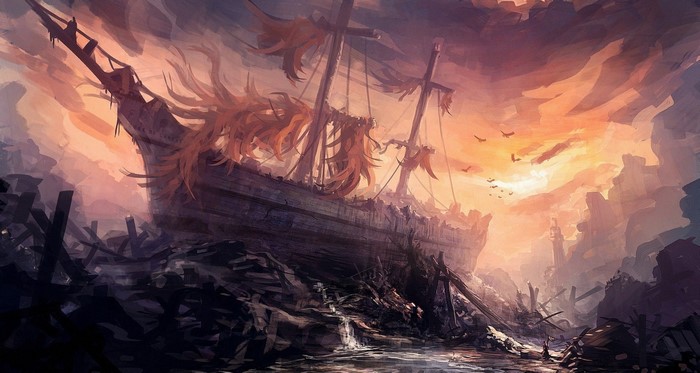 Fantasy art of a wrecked ship at sunset