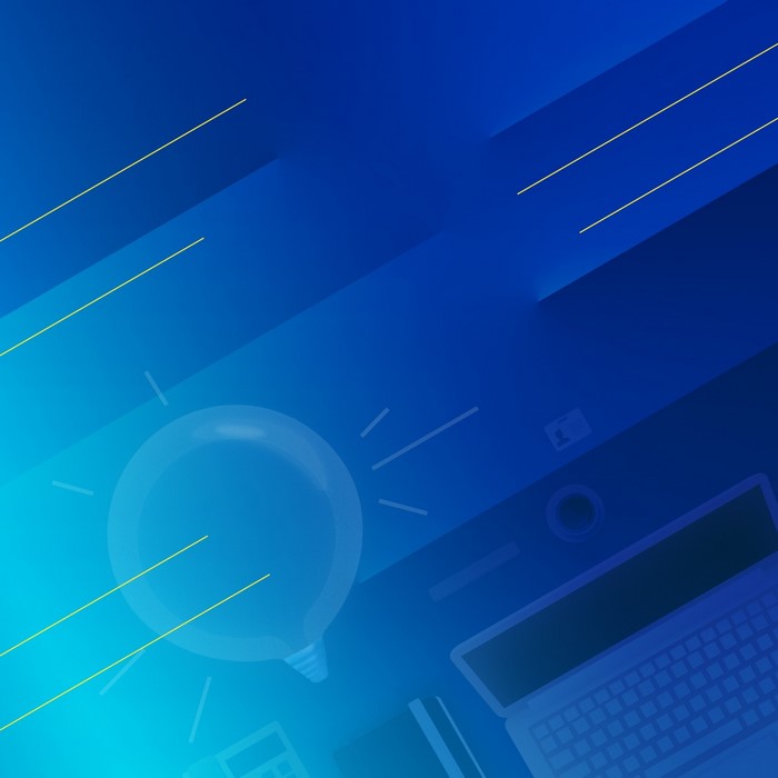 Abstract blue background with lightbulb and laptop