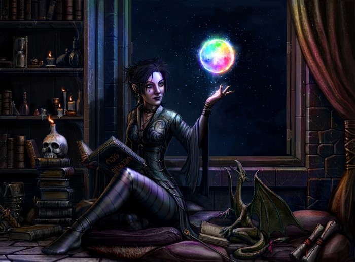 Fantasy art of a female magician with a dragon