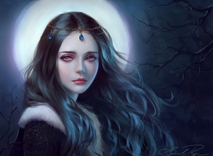 Fantasy illustration of a woman with pink eyes under the moon