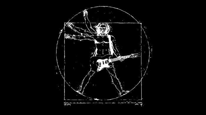 Vitruvian Man playing a guitar