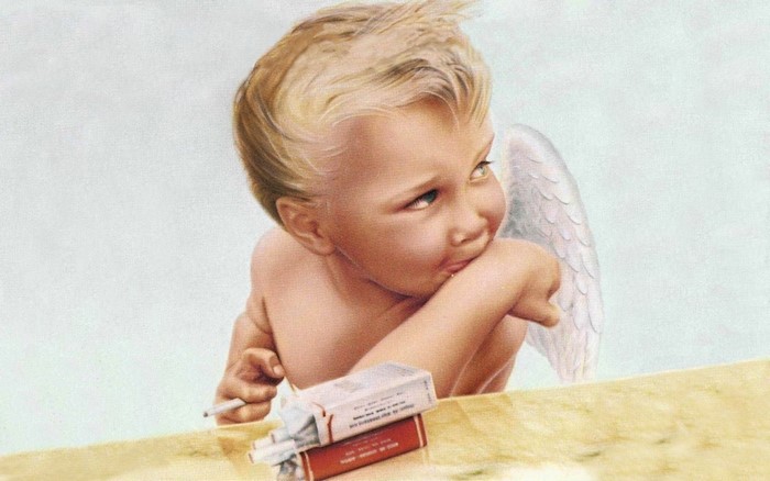 Cherub with cigarettes and pack of cigarettes