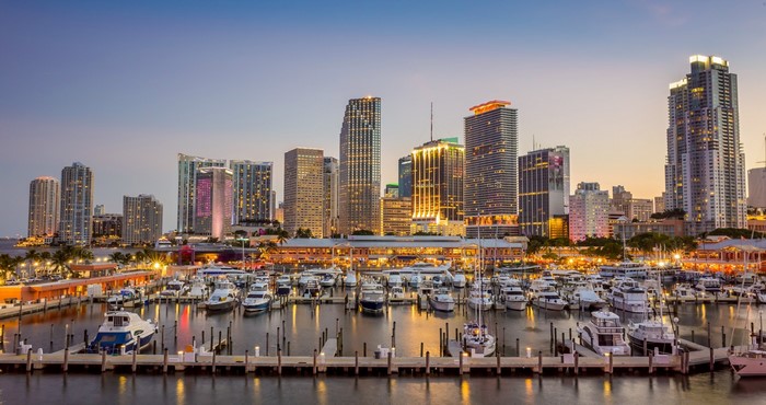 Miami Skyline at Dusk with Marina and Yachts