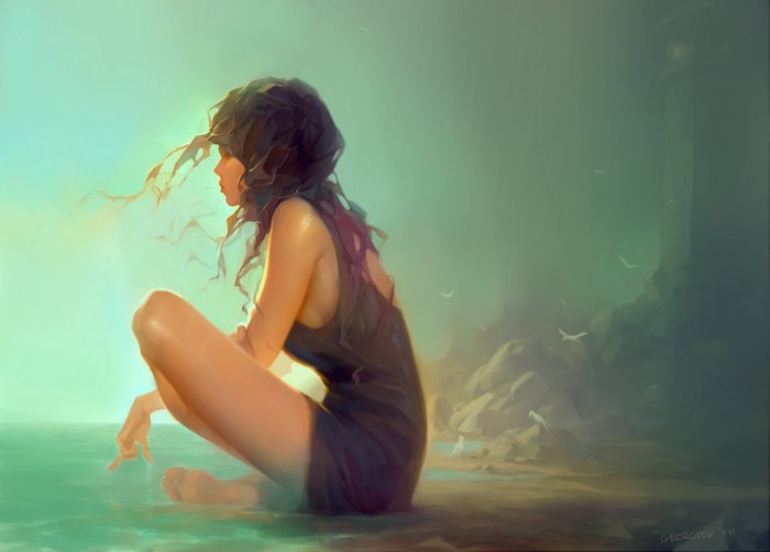 Woman sitting by the water with birds flying