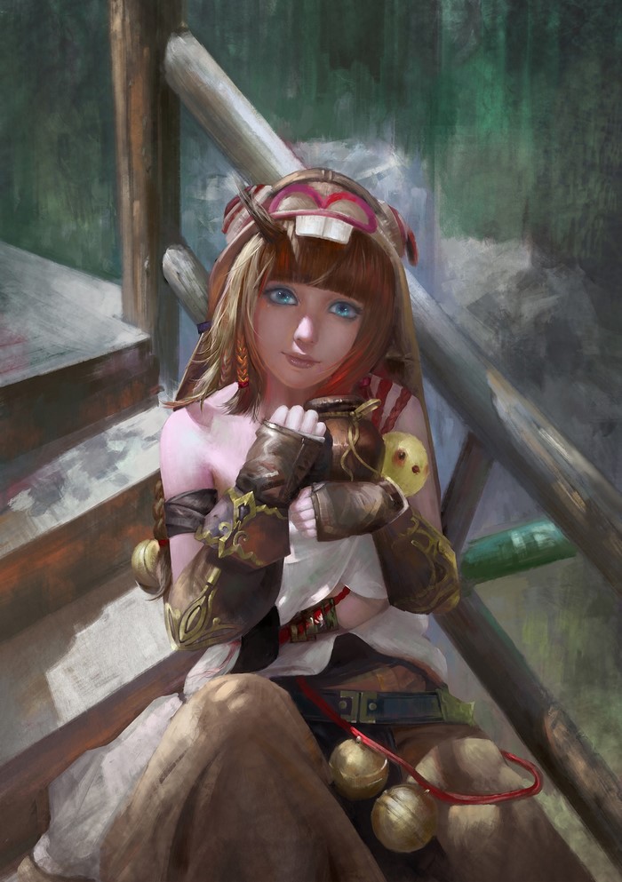Anime girl with bunny hood and toy