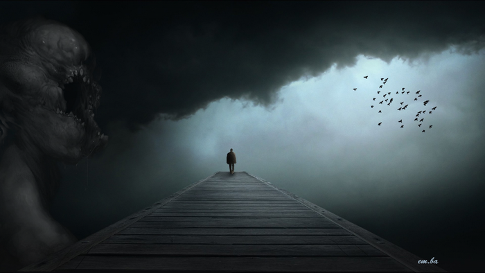A lone figure walks on a pier towards a storm with a monster.