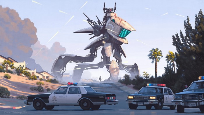 Simon Stalenhag painting of a giant robot and police cars