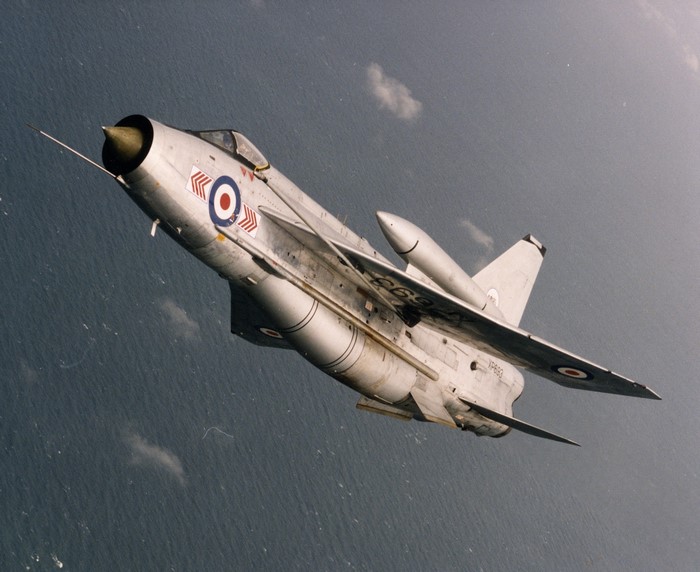 English Electric Lightning fighter jet flying over the sea