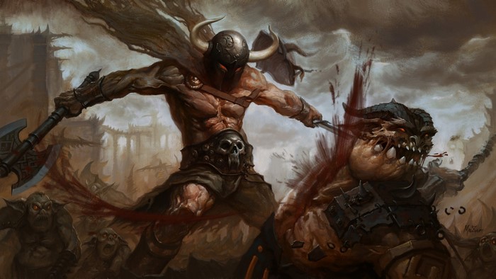 Warrior fighting a monster with goblins in the background