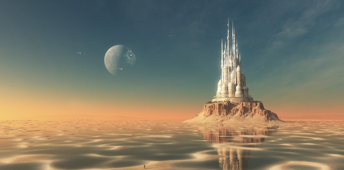 Futuristic palace on a desert island with a moon