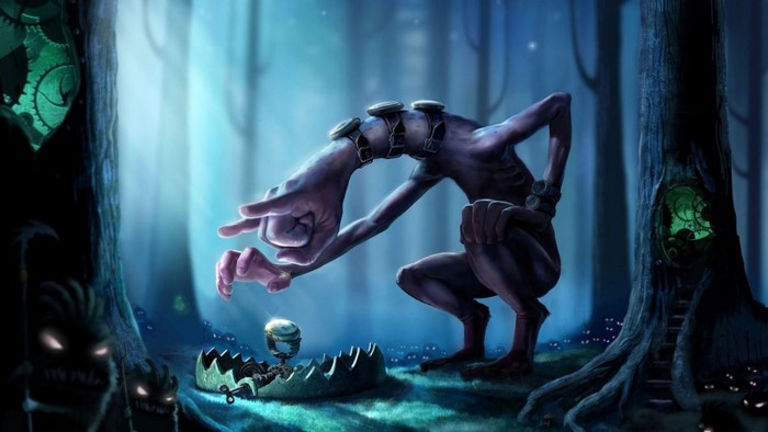 Fantasy creature interacting with a trap in a dark forest