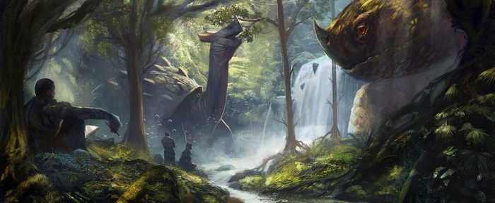 Fantasy art of creatures in a jungle with a waterfall