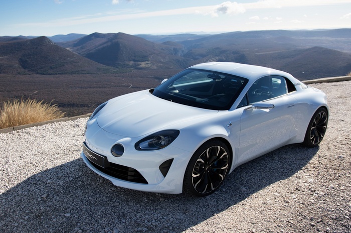 White Alpine A110 concept car on a mountain road