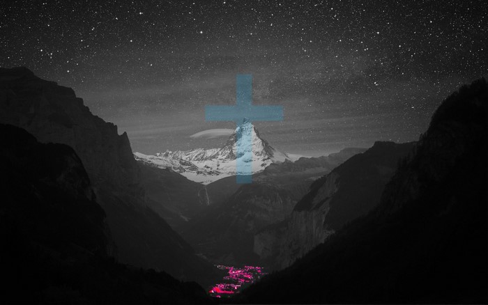 Mountain landscape with stars and a cross overlay