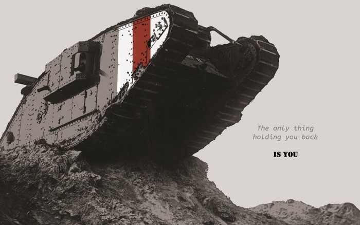 World War I tank on rocky terrain with French flag colors