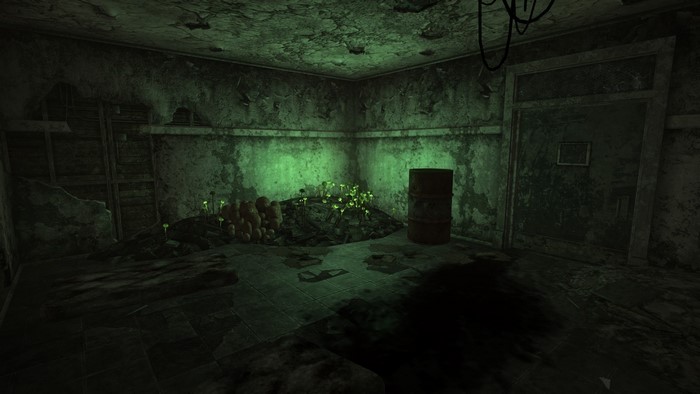 Abandoned room with glowing mushrooms and barrel