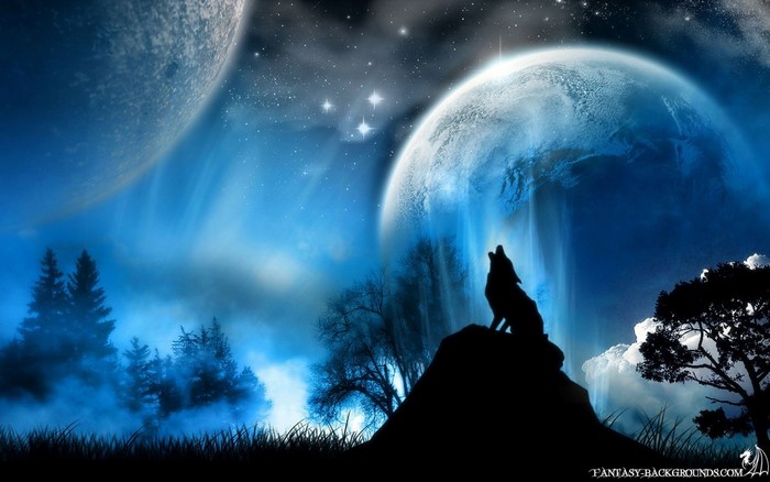 Wolf howling at the moon in a fantasy landscape
