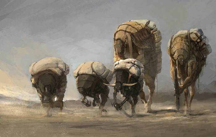 Robotic herd with large cargo in a desert landscape