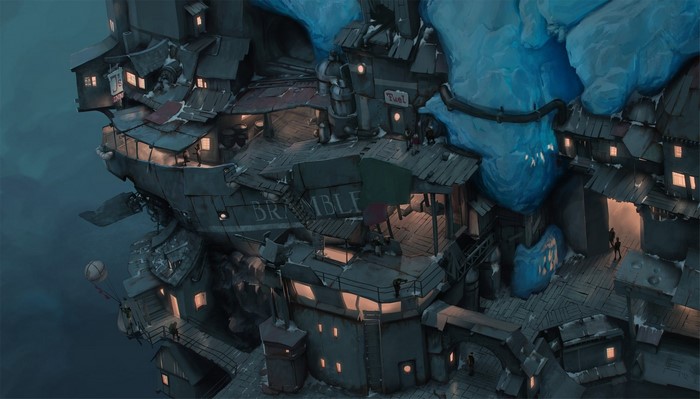 Artwork of a steampunk city built on a cliff
