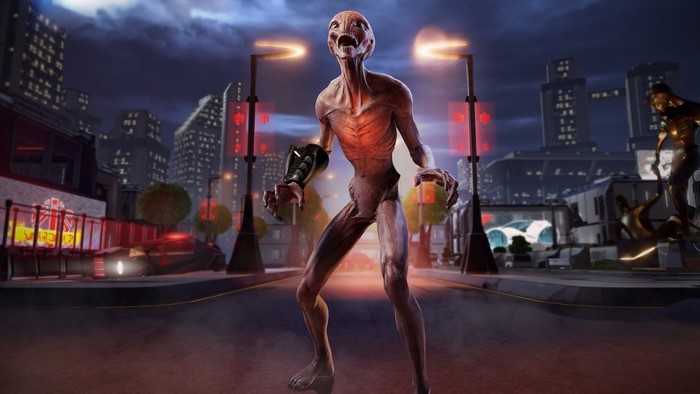Alien from XCOM 2 in a city at night