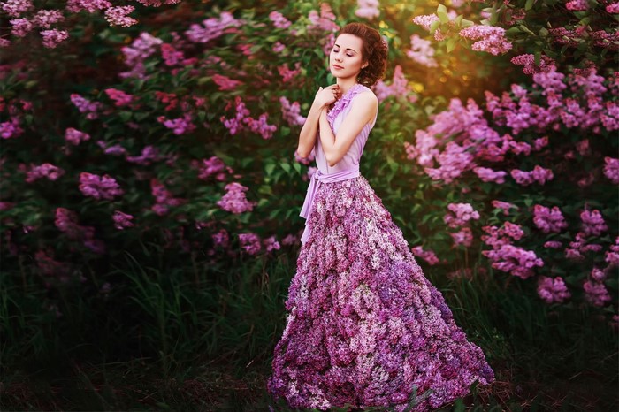 women outdoors, women, model, pink flowers, flowers, closed eyes