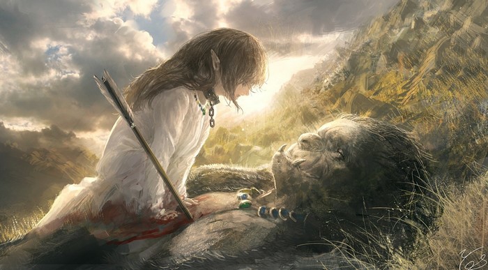 Elf girl with arrow in orc